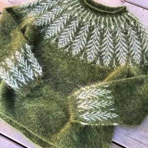Hand Knit Fair Isle Kid Silk Mohair Sweater Size L
